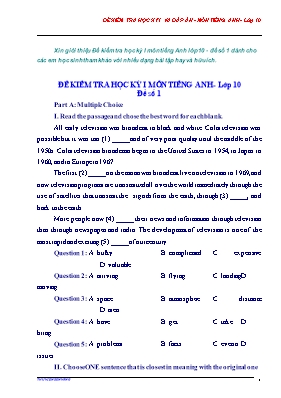 Đề kiểm tra học kỳ I môn Tiếng Anh Lớp 10 - Đề số 1 (Có đáp án)
